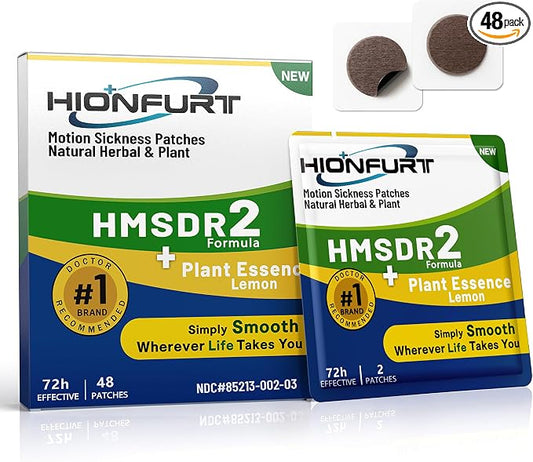 Hionfurt HMSDR2 48ct Motion Sickness Patches with Plant Essence – Lemon – Sea Sickness Patches for Cruise, Car, Airplane – Non-Drowsy, 72H Lasting