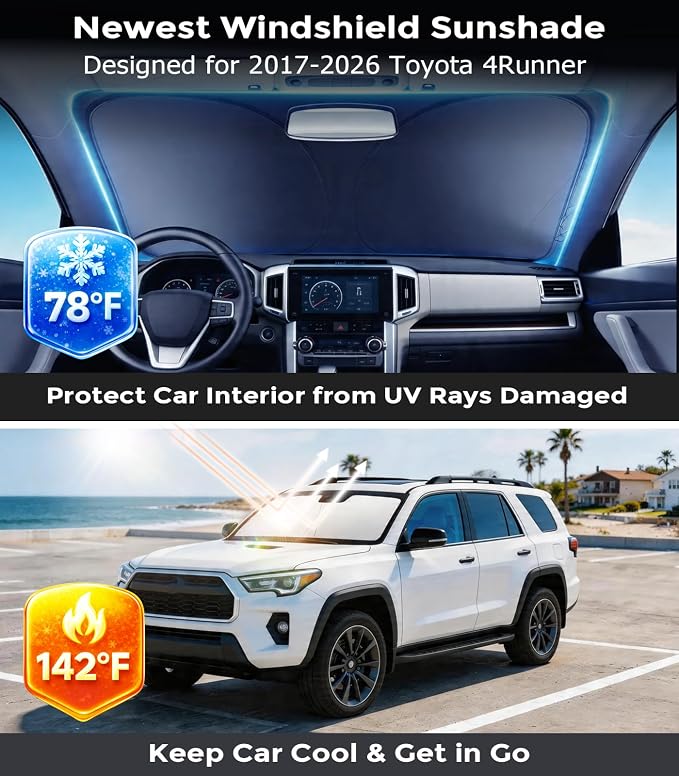 DMJN Front Windshield Sun Shade for Toyota 4Runner (2017-2027), [Nano Ice-Crystal Coatings] UPF50+ Heat & UV Block, Protect Car Interior & Keep Cool, Flodable Steel-Ring Car Cover for Summer