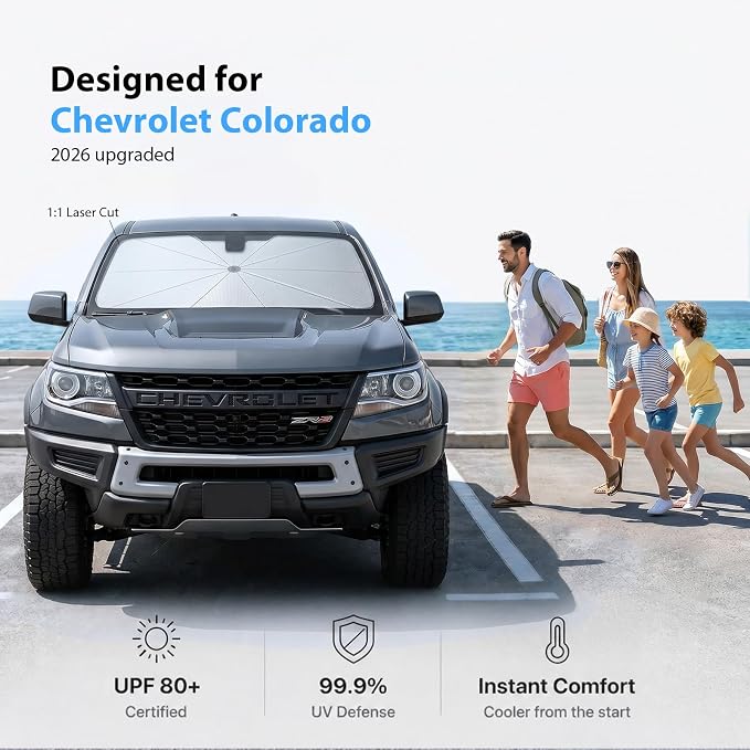 Windshield Sun Shade Umbrella for Chevrolet Colorado [Precision Custom Fit, Superior UV & Heat Block] Cooling Tech Fabric, Durable Foldable, Fits 2004-2012, 2015-2026