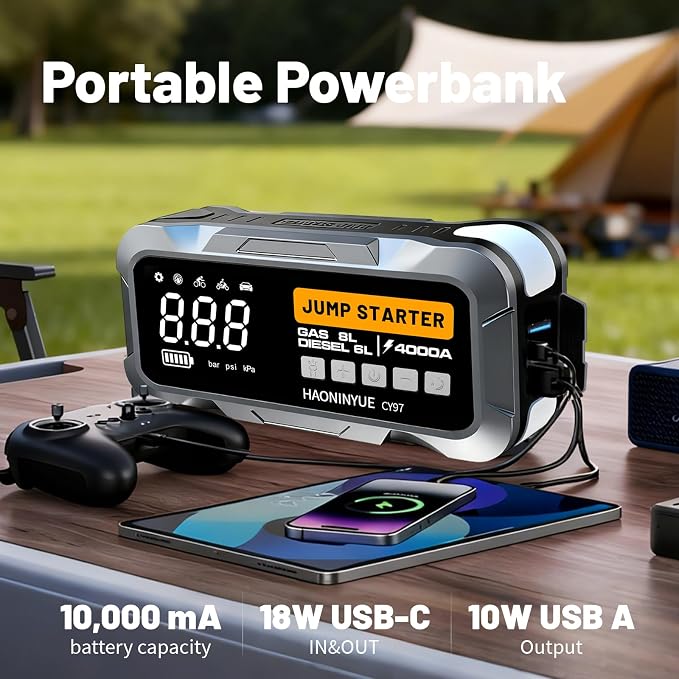 4000A Car Jump Starter with Air Compressor, Car Jumper 150PSI Portable Car Battery Jump Starter, 12V Jump Box Battery Pack (8L Gas 6L Diesel Engine) with Boost, LEDLight and Jumper Cables