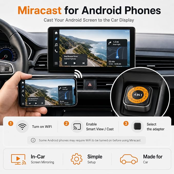 Wireless CarPlay Adapter with Android Auto, AirPlay & Miracast, 4-in-1 Wireless Adapter for Factory Wired CarPlay Cars, Screen Mirroring for iPhone & Android, Video Casting, Auto Connect