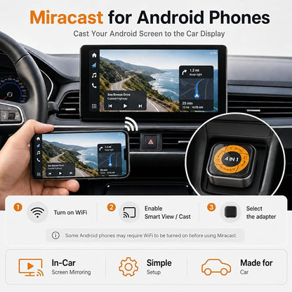 Wireless CarPlay Adapter with Android Auto, AirPlay & Miracast, 4-in-1 Wireless Adapter for Factory Wired CarPlay Cars, Screen Mirroring for iPhone & Android, Video Casting, Auto Connect