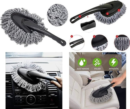 Removable Telescopic Car Wax Drag Nano Fiber Car Wash Brush Car Dusting Tool Car Mop Wax Dash Duster Exterior Interior Cleaning Kit (Premium Car Duster & Dash Duster 2 Pcs Set, Gray)