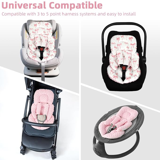 Infant Car Seat Insert Cushion, Baby Car Seat Head Body Support for Girls & Boys, Reversible Newborn Car Seat Insert with 2 Extra Strap Paddings, Premature Car Seat Cushion, Pink Bow