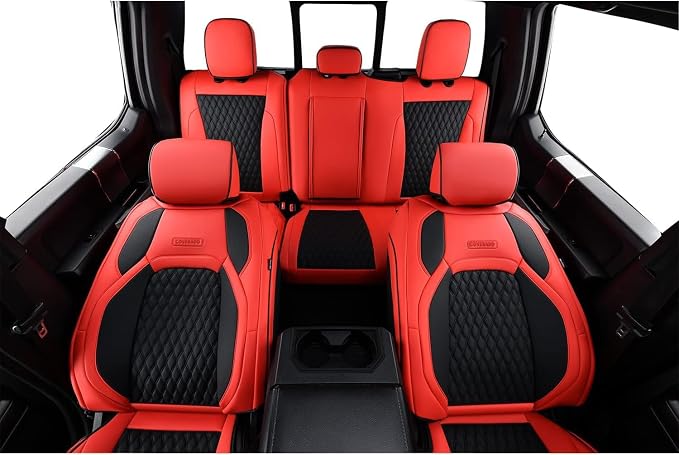 Coverado Front Seat Covers for Ford F150 2015-2026, F250 F350 F450 2017-2026 SuperCrew Crew Cab, Red Leather Car Seat Covers, Full Coverage