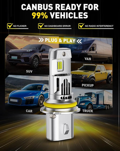 AUXITO 9007 Light Bulbs High/low Beam, 50000LM 900% Super Bright, 60000+ Hours Life Service, 6500K Cool White, 1:1 Mini Size Wireless HB5 Halogen Replacement, Plug & Play, Pack of 2