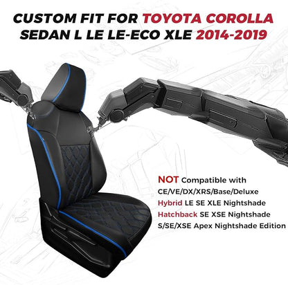 FREESOO for Toyota Corolla Seat Covers L LE XLE, LE Eco Sedan 2014 2015 2016 2017 2018 2019, Luxury Leather Seat Covers for Cars, Custom Fit Car Seat Covers, Waterproof Seat Cover, Black Blue Full Set