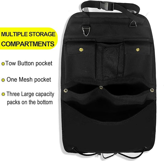 Black Car Seat Back Organizer with Multiple Pockets and Hooks