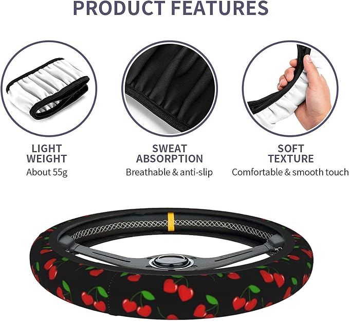 Red Hearts Cherry Steering Wheel Covers Non Slip Neoprene Steering Wheel Protector Universal 15 inch for Men Women Car Trucks