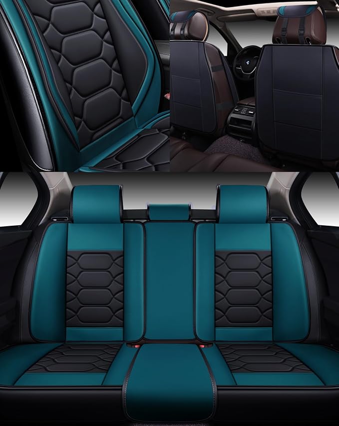 OASIS AUTO Car Seat Covers Full Set, Sporty Faux Leather with Honeycomb Pattern, Waterproof Universal Fit for SUV, Sedan, Pick-up Truck, Automotive Interior Accessories (OS-004 Black&Teal)