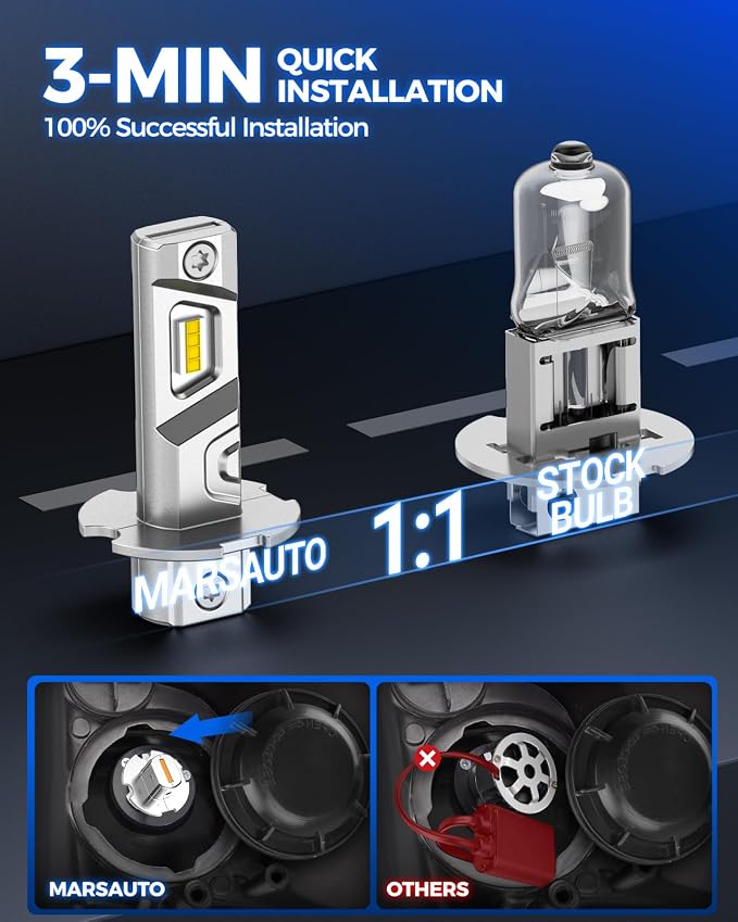 Marsauto H3 Yellow Led Fog Light Bulb, 600% High Bright H3LL Fog Lights Led, 12,000LM 3000K Amber Yellow LED Fog Lights, 1:1 Mini Size Upgraded CSP Chips H3 Fog Bulb, Side Marker Parking Light Combos
