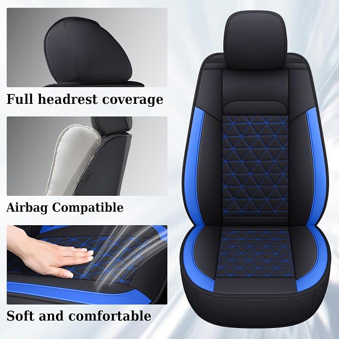 Coverado RAM Seat Cover Full Set, Leather Seat Covers Fit for Dodge RAM 1500, Truck Seat Covers Custom Fit for 2002-2026 Dodge RAM 1500 2500 3500 Crew Quad Cab with Curved Bench, Blue