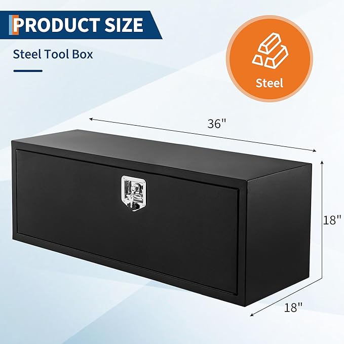 Black Steel Underbody Truck Box, 36"×18"×18" Pickup Storage Box, Heavy Duty Diamond Plate Tool Box with Lock and Keys, Waterproof Trailer Storage Box with T-Handle Latch for Truck, Van, Trailer