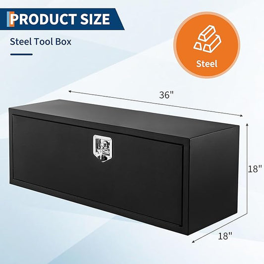 Black Steel Underbody Truck Box, 36"×18"×18" Pickup Storage Box, Heavy Duty Diamond Plate Tool Box with Lock and Keys, Waterproof Trailer Storage Box with T-Handle Latch for Truck, Van, Trailer