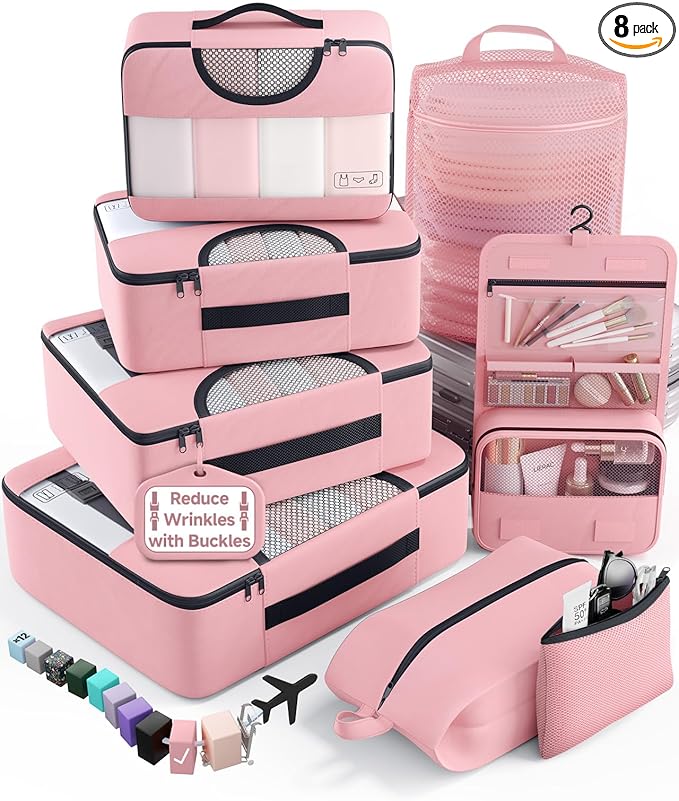 Veken 8 Set Packing Cubes for Travel Essentials,Anti-Wrinkle Buckled Suitcase Organizer for Shoe & Toiletry Bag,Carry On Luggage Bag with 99+ Count Mesh Holes for Airplane & College Dorm Accessories