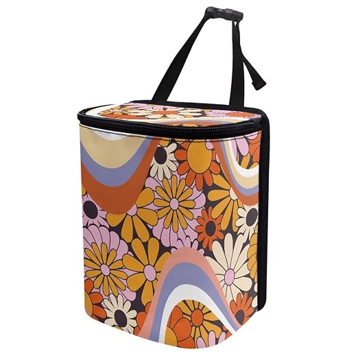 Abstract Groovy Hippie Daisy 70S 80S Wavy Swirl Pattern Car Trash Can with Lid and Zipper Portable Garbage Can Bags Vehicle Decorations for Women Trash Bin Hanging Back of Seat,Multicolor