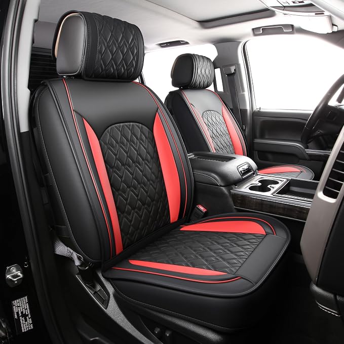JOJOBAY Chevy Silverado Seat Covers,Leather Seat Covers for GMC Sierra,Custom Fit 2007-2026 1500 2500HD 3500HD Crew Double Extended Regular Cab,LT LZT RST Trail Boss(Full Set,Black Red)