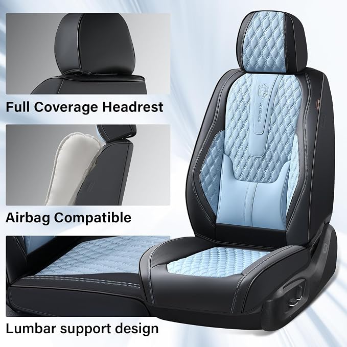 Coverado Car Seat Covers Front, Nappa Leather Seat Covers for Cars, Waterproof Seat Covers with Lumbar Support, Automotive Seat Covers Universal Fit for Most Cars SUV Trucks (Front, Black-Blue)