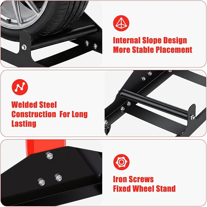 Rolling Wheel Detailing Stand, Tire Cleaning Stand with 3 Rollers and Casters, Steel Wheel Rim Cleaning Rack for Ceramic Coating, Tire Shine, Polishing Red