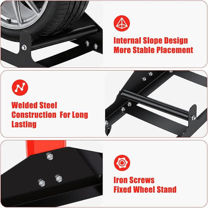 Rolling Wheel Detailing Stand, Tire Cleaning Stand with 3 Rollers and Casters, Steel Wheel Rim Cleaning Rack for Ceramic Coating, Tire Shine, Polishing Red