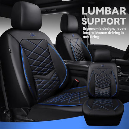 CAR PASS Luxury Nappa Leather Seat Covers Front, Water Resistant 3D Memory Foam Car Seat Covers with Lumbar Support,Thick Seat Cover Airbag Compatible Universal Fit for Sedan SUV Van Truck, Black Blue