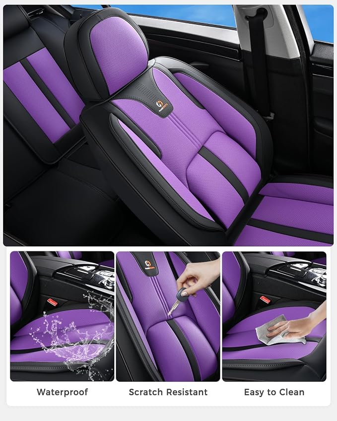 Huidasource Front Car Seat Cover Luxury Nappa Leather, Leather Front Seat Covers with Airbag, Front Storage Pocket, Lumbar Support, Cooling＆Heating Universal Fit for Most Cars SUV Trucks, Black&Purple