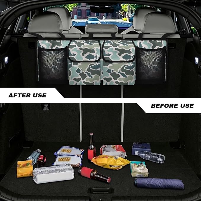 Fish Camo Car Backseat Organizer Waterproof Foldable Cars Interior Organizing Accessories Backseat Hanging Organizer with 4 Storage Bag for Cars Sedans and SUVs