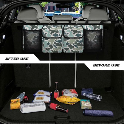 Fish Camo Car Backseat Organizer Waterproof Foldable Cars Interior Organizing Accessories Backseat Hanging Organizer with 4 Storage Bag for Cars Sedans and SUVs