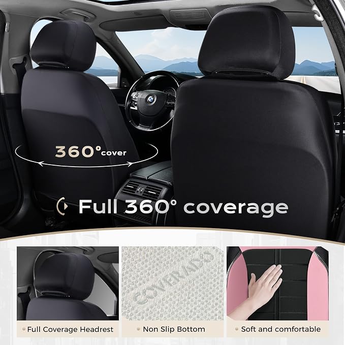 Coverado Front and Back Seat Covers for Cars Leather Car Seat Cover Full Set 5 Seats Waterproof Seat Protector Automotive Seat Covers Universal Fit for Most Cars SUV Trucks, Pink&Black