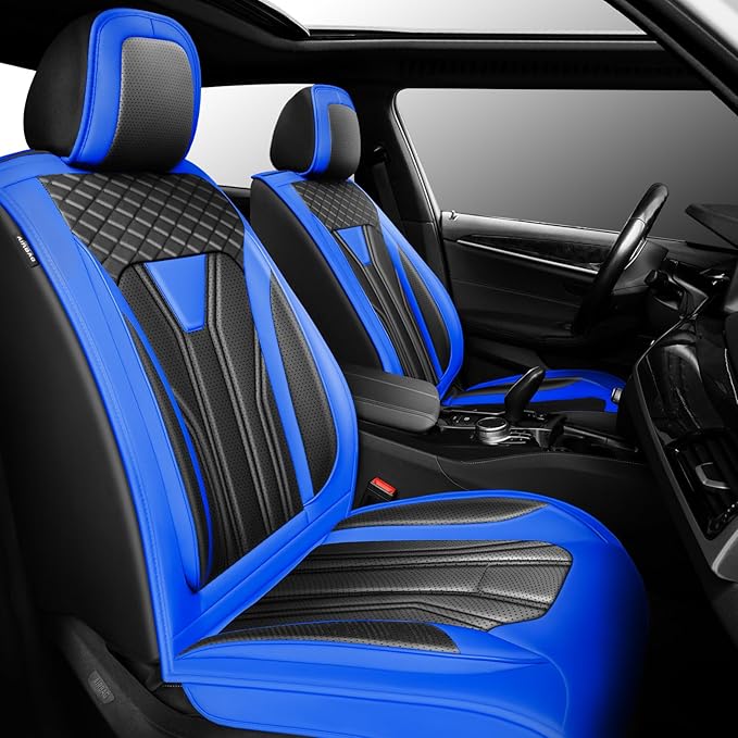 Fit Compass Car Seat Covers for Jeep Compass 2007-2025 2026 -Full Set Premium Leather, Waterproof & Breathable，All-Weather Seat Cushion Protecto & Airbag Compatible, 2 Front Seat Blue & Black