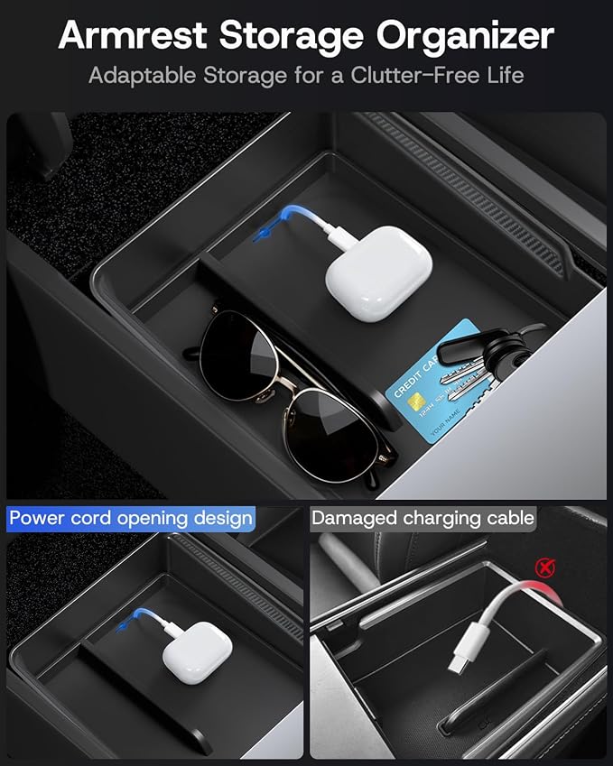 9PCS Center Console Organizer Tray for Tesla Model 3 Accessories 2024 2025 2026 [Premium PC + Silent Silicone Liner] Bottom Liners Armrest Privacy Hidden Storage Cup Holder Wireless Charging Pad