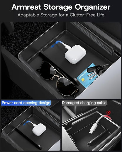 9PCS Center Console Organizer Tray for Tesla Model 3 Accessories 2024 2025 2026 [Premium PC + Silent Silicone Liner] Bottom Liners Armrest Privacy Hidden Storage Cup Holder Wireless Charging Pad