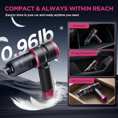 Handheld Car Vacuum Cleaner, 4-in-1 Cordless Rechargeable Mini Vacuum with Air Duster – Quickly Clean Crumbs, Pet Hair & Crevices in Car, Office, Home. Ideal for Commuters & Office Workers (Pink)
