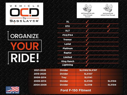 Vehicle OCD - Center Console Organizer for Ford F150 (2004-2014) (Column Shift w/Bucket Seats Only) - Made in USA - SLX104
