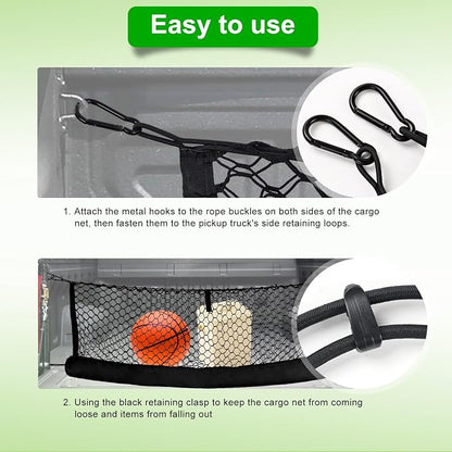 Truck Bed Cargo Net, Universal Fit for Ford F150, Chevy Silverado, GMC Sierra, Heavy Duty Storage Net with Bag
