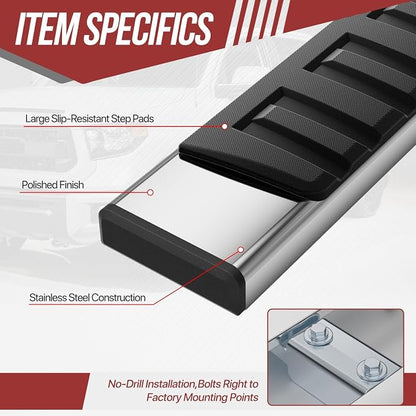 Running Boards Side Step Bars Compatible with 2007-2021 Toyota Tundra Double Cab Extended, 6.75 Inches Stainless Steel Running Boards Powdercoated Side, Chrome/Black