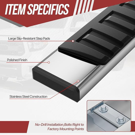 Running Boards Side Step Bars Compatible with 2007-2021 Toyota Tundra Double Cab Extended, 6.75 Inches Stainless Steel Running Boards Powdercoated Side, Chrome/Black