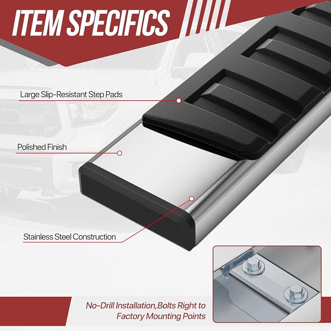 6.7" Running Boards Steps Bars Compatible with 2007-2019 Sierra/Silverado 1500 2500HD 3500HD Crew Cab, Stainless Steel, Metallic