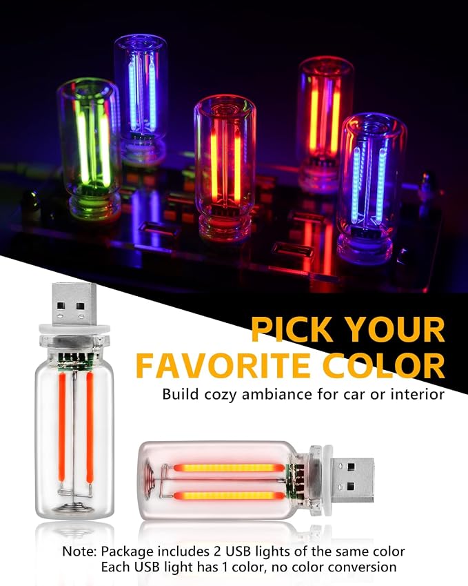 2PCS USB Car Lights, Touch Adjustment Lights, Plug in USB Vehicle Interior Ambient Light, Mini LED Retro Bulb Glass Bottle Night Light for Car, Camping, Holiday Decoration, Party, Bedroom (Red)