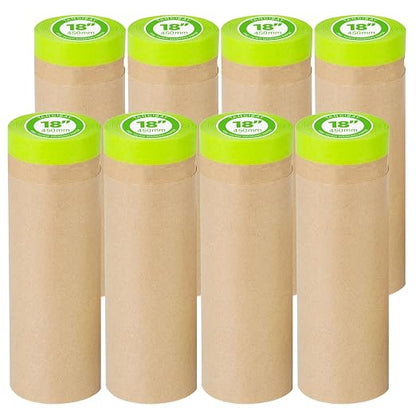 Tangibay Pre-Taped Masking Paper for Painting - 18 inch x 50 feet Tape and Drape Painters Paper, Paint Adhesive Protective Paper Roll for Covering Skirting, Frames, Cars and Auto Body (8 Rolls)
