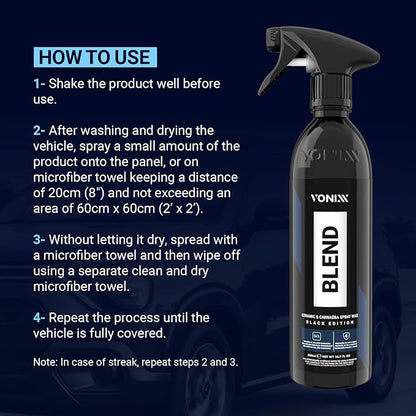 Vonixx Blend Ceramic & Carnauba Spray Wax - Black Edition | Deep Shine for Dark Paints | Superior Automotive Care Solution | Conceals Swirls and Scratches | Car wax Essential | 16.9 fl oz (500 ml)
