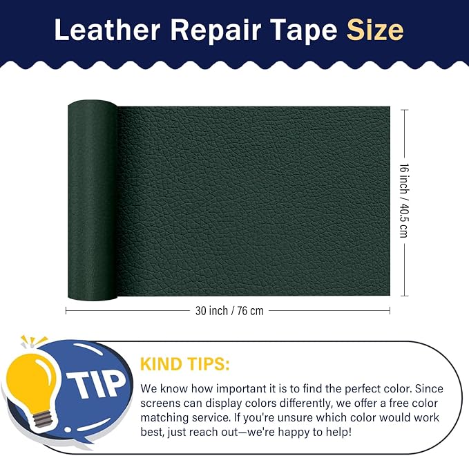 Zenyao Leather Repair Patch Tape - Self Adhesive Leather Repair Kit for Car Seat Furniture, Heavy Duty Vinyl Repair Patch for Couch Sofa, Waterproof Fix for Tears, 12x30 Inch Roll, Dark Green