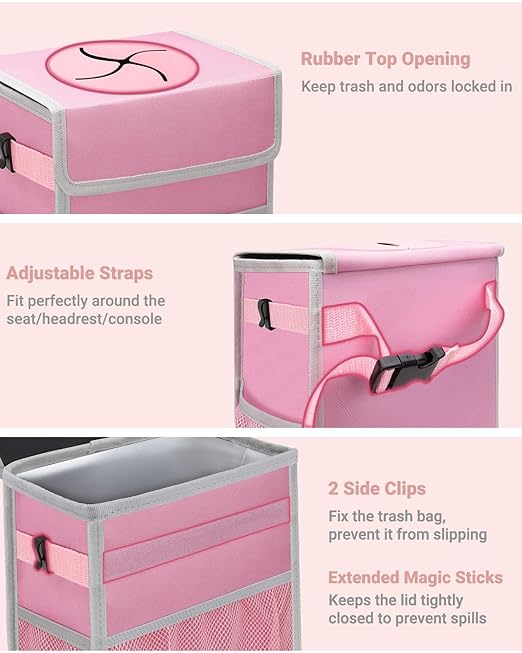 Capolo Car Trash Can with Lid, Leakproof Car Trash Bag Hanging Waterproof Automotive Garbage Can with Storage Pockets Mini Vehicle Trash Bin for Back/Front Seat(Pink,2.5 Gallon)