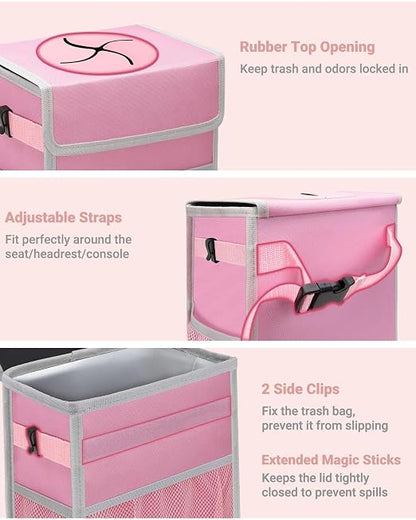 Capolo Car Trash Can with Lid, Leakproof Car Trash Bag Hanging Waterproof Automotive Garbage Can with Storage Pockets Mini Vehicle Trash Bin for Back/Front Seat(Pink,3 Gallon)