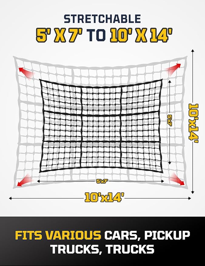 AUTOWN Cargo Net for Pickup Truck Bed - Stretchable 5' x 7' to 10' x 14' with 4" x 4" Mesh, Heavy Duty 10mm Cord Bungee Bed Netting with 12 Metal Carabiners - Ideal for ATV, SUV, UTV and Truck