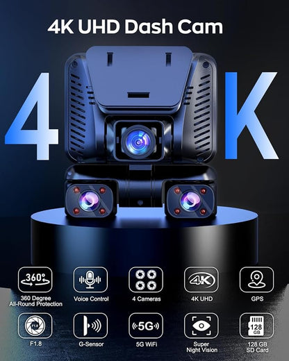 4K Dash Cam 360° View,4 Channel Front and Rear Dash Camera for Cars,Built-in 5GHz Wi-Fi GPS, Voice Control, Free 128G Card,Night Vision,24H Parking Mode,G-Sensor