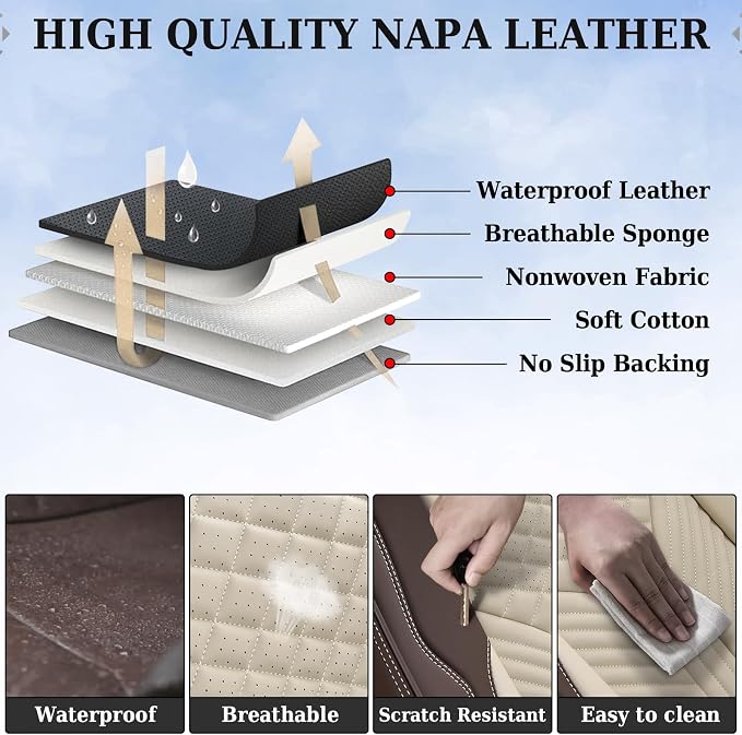 Coverado Leather Car Seat Covers Full Set, 5 Seats Waterproof Seat Covers for Cars Front and Rear Seat Cushions Protectors Universal Fit Most Vehicles (Bronw&Beige)