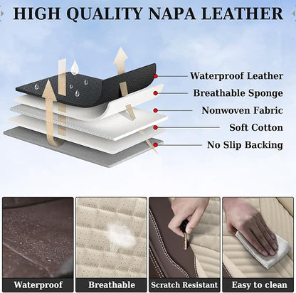 Coverado Leather Car Seat Covers Full Set, 5 Seats Waterproof Seat Covers for Cars Front and Rear Seat Cushions Protectors Universal Fit Most Vehicles (Bronw&Beige)