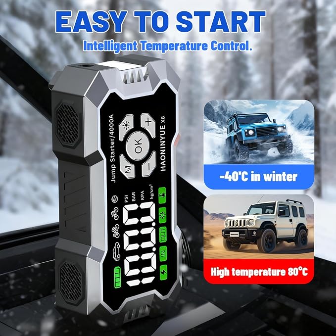 4000A Car Battery Jumper Starter, Battery Jumper Starter Portable (8.0LGas/6L Diesel), 16000mAh Charging Jump Box, Portable Car Jump Starter with Jumper Cables and 600LM LED Light