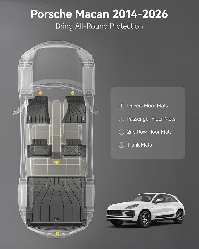 3W Floor Mats & Cargo Liner for 2014-2026 Porsche Macan S/Turbo/S Diesel/GTS TPE All Weather Custom Fit Floor Liner for Macan Full Set Car Liner Black